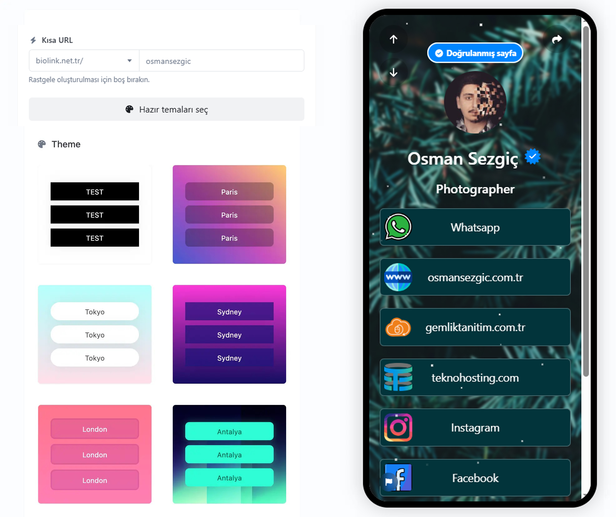Uygulamanın biolink düzenleme sayfasının ekran görüntüsü